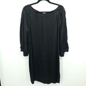 Prada Satin Pleated-Bodice Shift-Style Mini Dress 3/4 Sleeves 42 IT/8 US Black